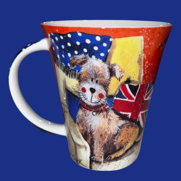 Queens Mug Alex Clark Jack Woof English Designer Union Jack Flag Fine Bone China - Picture 2 of 4